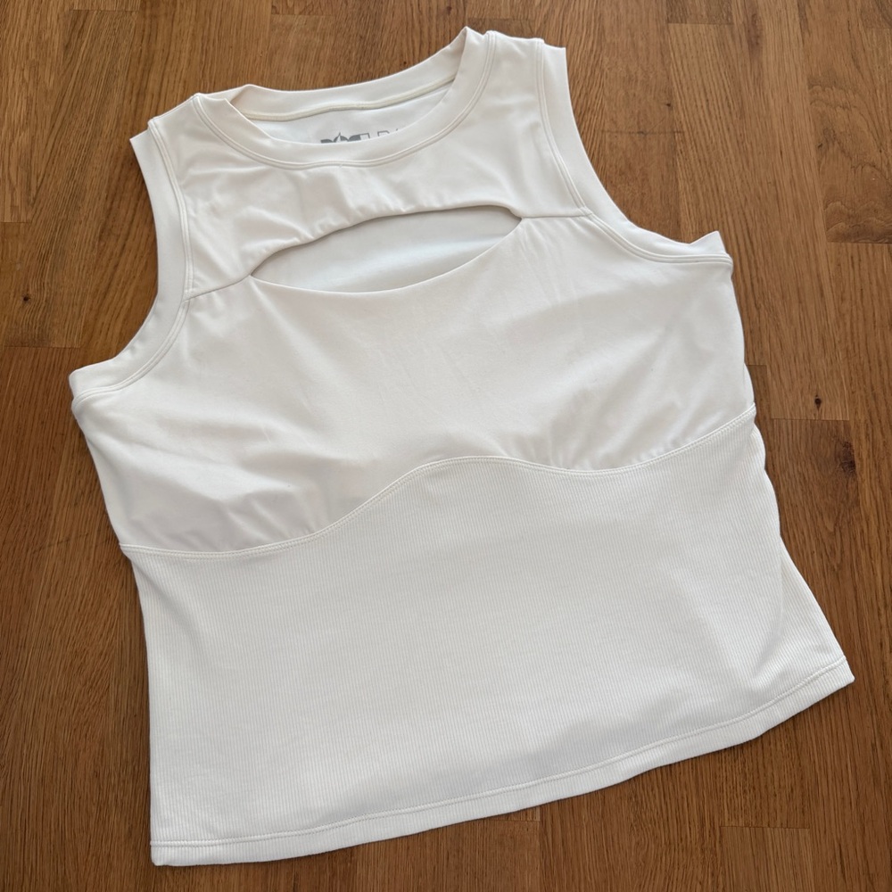 POPFLEX 1X Ivory White Peekaboo Crew Neck Athletic Tank Top
